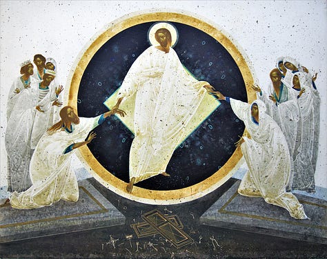 Noli me tangere fresco by Fra Angelico, Resurrection icon by Ivanka Demchuk, and Resurrection within the Isenheim Altarpiece by Matthias Grünewald.