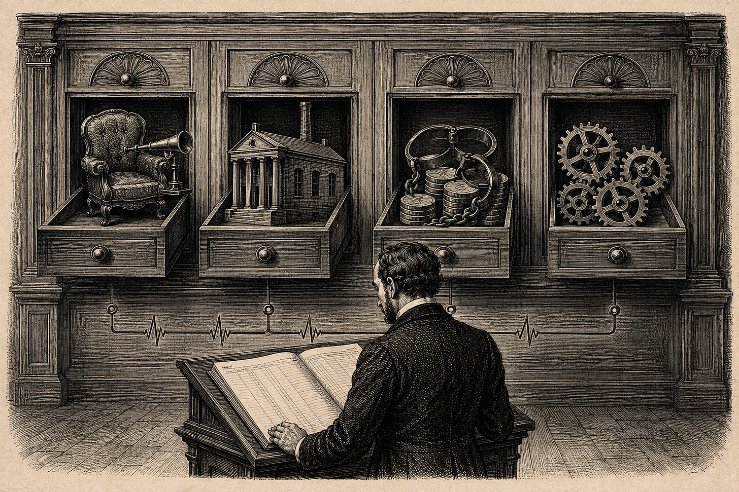 Wood-engraving editorial illustration in the Thomas Nast Harper's Weekly style for Attention Capital's essay The Capital Side of the Canary. Four half-open wooden filing drawers hold four distinct objects (an armchair with viewing scope, a small studio facade, iron shackles on coins, four interlocking gears) each representing a different market signal. A clerk with his back to the drawers reads a ledger while a thin ink line running beneath the floor connects all four drawers as one continuous pulse. The image argues that capital hears four different stories about the audience shift, mid-tier creator businesses, extractive instruments, and pattern repetition across categories, when the underlying phenomenon is one story. Keywords: audience shift, creator middle class, extractive equity, credit signal, one phenomenon. Wood-engraving editorial illustration in the Thomas Nast Harper's Weekly style for Attention Capital's essay The Capital Side of the Canary. Four half-open wooden filing drawers hold four distinct objects (an armchair with viewing scope, a small studio facade, iron shackles on coins, four interlocking gears) each representing a different market signal. A clerk with his back to the drawers reads a ledger while a thin ink line running beneath the floor connects all four drawers as one continuous pulse. The image argues that capital hears four different stories about the audience shift, mid-tier creator businesses, extractive instruments, and pattern repetition across categories, when the underlying phenomenon is one story. Keywords: audience shift, creator middle class, extractive equity, credit signal, one phenomenon.