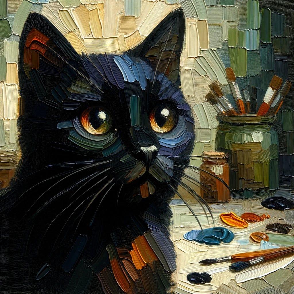 Create an oil painting from the provided image, infusing the black cat with more personality. The cat should have a distinctive, almost human-like expression of curiosity or contentment, with its gaze perhaps directed towards something interesting off-canvas. Use a muted color palette for the surroundings, but give the cat's eyes a subtle sparkle to draw attention. Maintain the visible brushstrokes and canvas texture, crafting a portrait that tells a story and connects emotionally with the viewer.