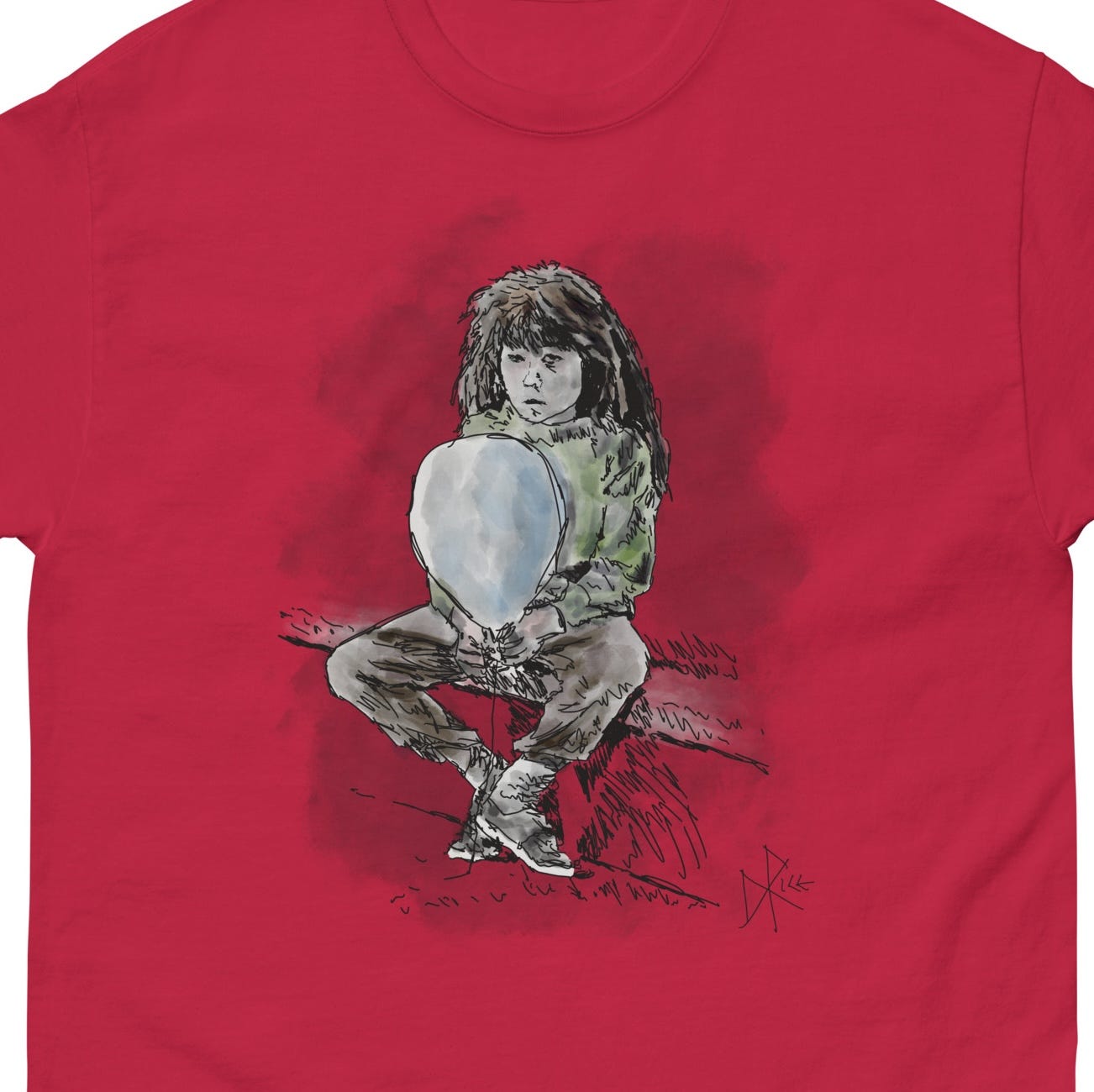 A messy-haired, seated girl holding a blue balloon. Sketch art by Don Rice. A messy-haired, seated girl holding a blue balloon. Sketch art by Don Rice.