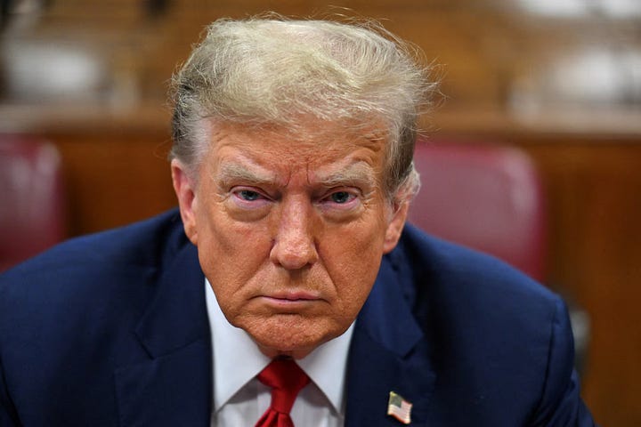 Photo 1: This booking photo provided by Fulton County Sheriff's Office shows former President Donald Trump on Thursday, Aug. 24, 2023, after he surrendered and was booked at the Fulton County Jail in Atlanta. Photo 2: Former U.S. President Donald Trump attends the first day of his trial for allegedly covering up hush money payments linked to extramarital affairs, at Manhattan Criminal Court in New York City. Angela Weiss/Pool Reuters.