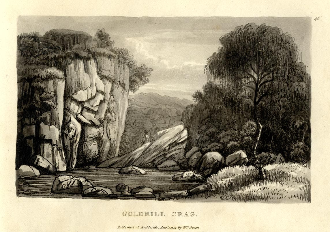 Engraving, crag above river