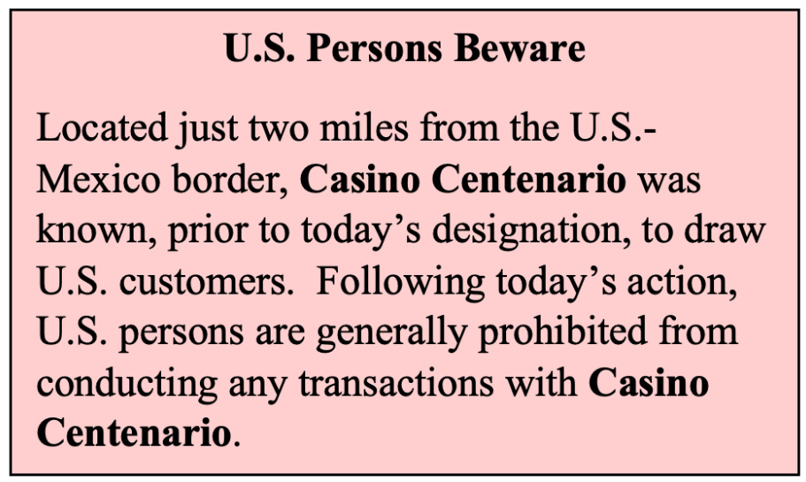 U.S. Treasury Dept. Warning to U.S. Residents about Casino Centenario.