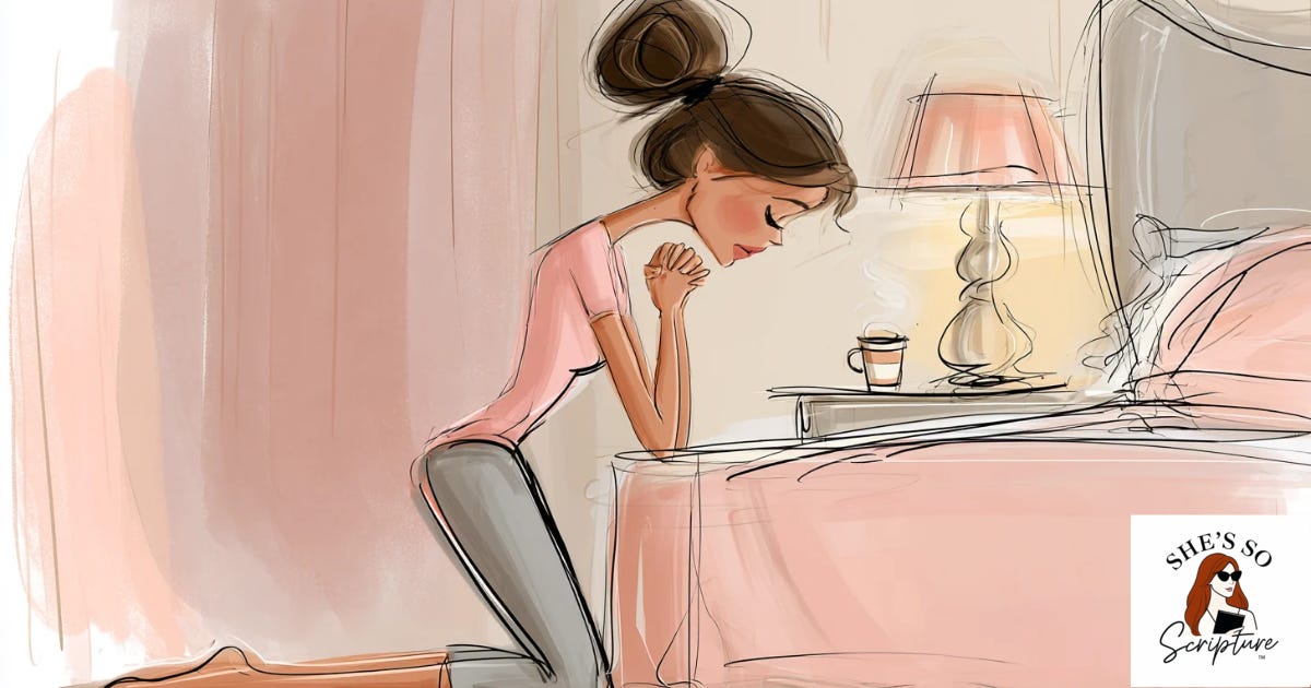 An illustrated woman kneeling beside a bed with hands folded in prayer and a coffee cup on the nightstand, soft early morning light, rendered in a whimsical fashion illustration style with blush pink and cream watercolor tones.