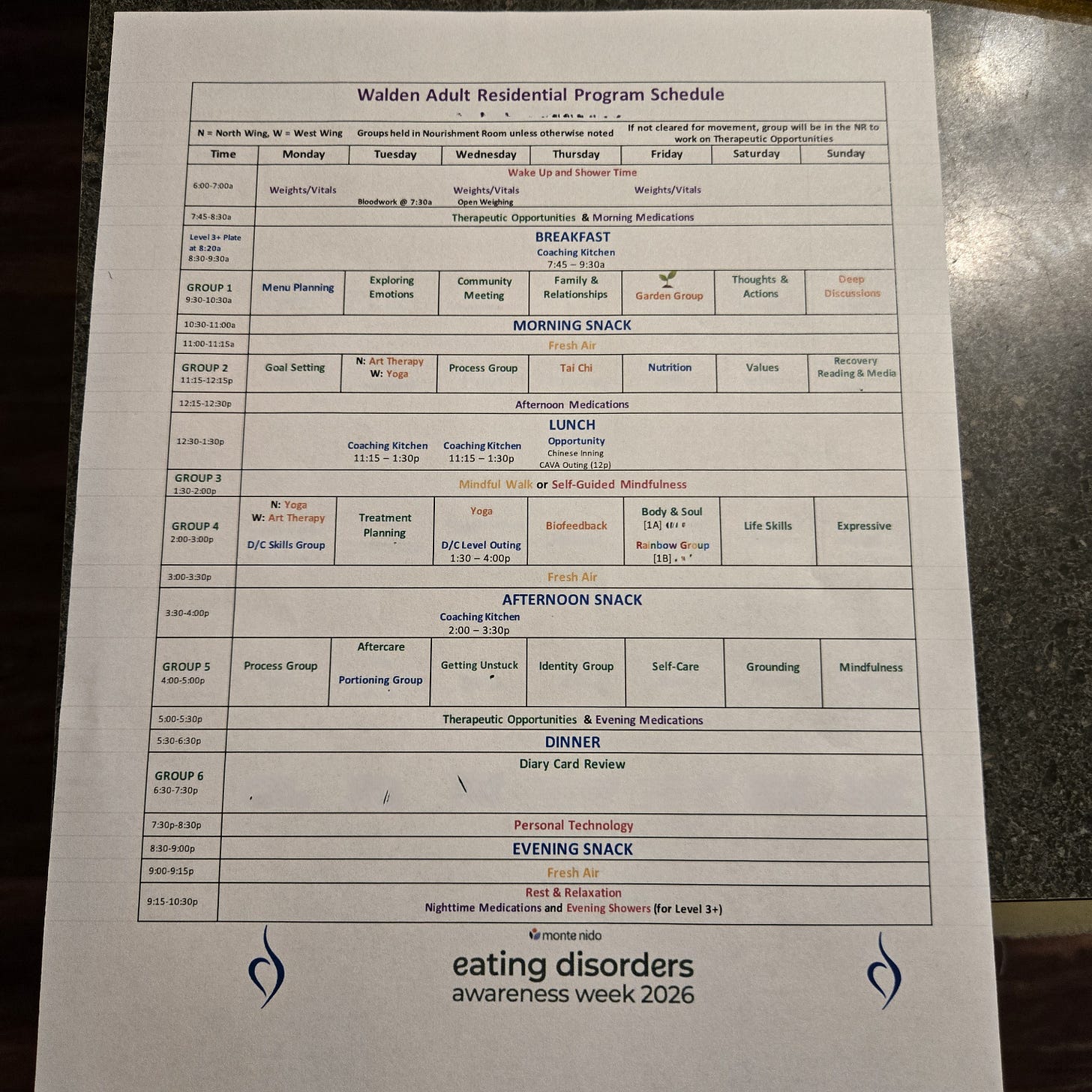 A weekly schedule showing days beginning between 6am and 8:30am and ending at 9pm, without any days off. Meals, and therapy groups dominate the schedule with little time inbetween, except a break from 7:30 to 8:30 where personal technology use is approved. A weekly schedule showing days beginning between 6am and 8:30am and ending at 9pm, without any days off. Meals, and therapy groups dominate the schedule with little time inbetween, except a break from 7:30 to 8:30 where personal technology use is approved.