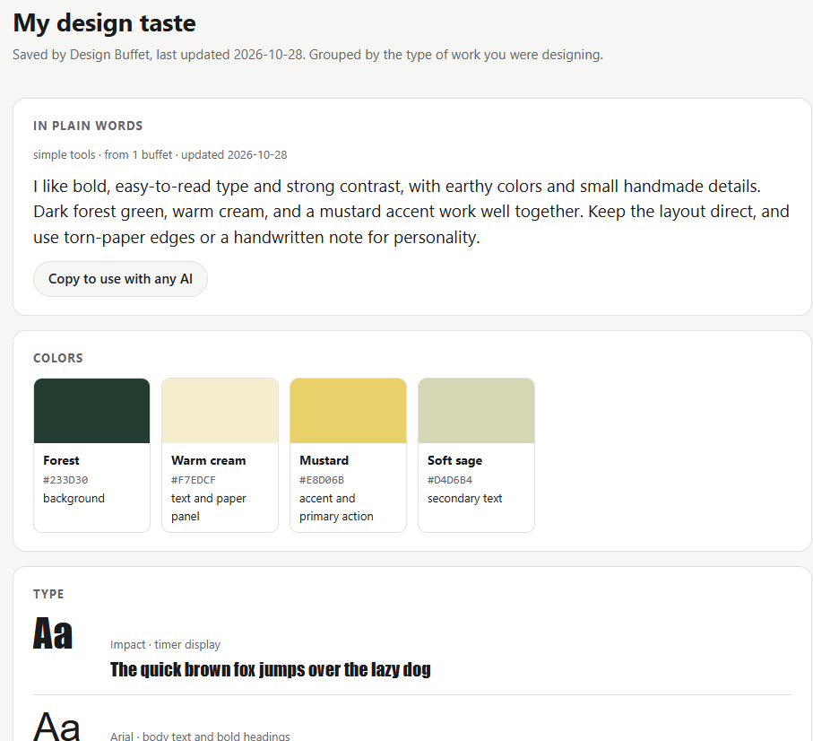 Design Buffet’s saved taste profile shows a plain-language summary, forest and cream colors, mustard accents, and type samples. Design Buffet’s saved taste profile shows a plain-language summary, forest and cream colors, mustard accents, and type samples.