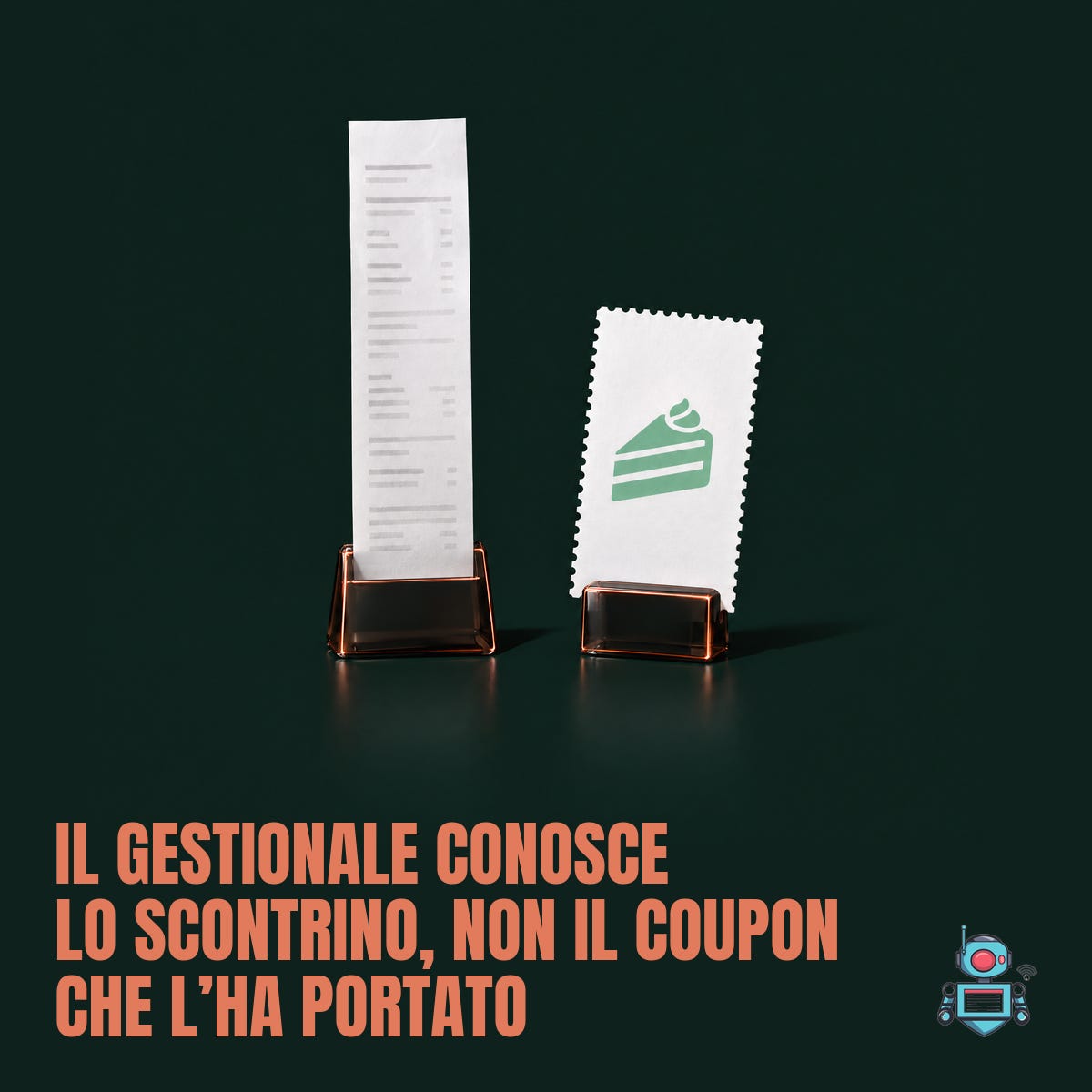 Uno scontrino su un portascontrini di vetro e un coupon: il gestionale conosce lo scontrino, non il coupon che l'ha portato