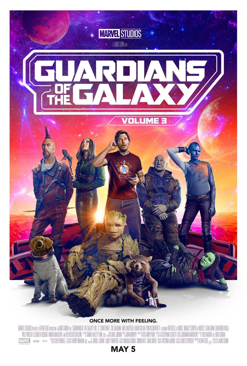 Có thể là hình ảnh về 5 người và văn bản cho biết 'MARVEL STUDIOS GUARDIANS OF THE GALAXY VOLUME 3 JARLARAKAI ONCE MORE WITH FEELING. MAY 5 KEVINFEIBE'