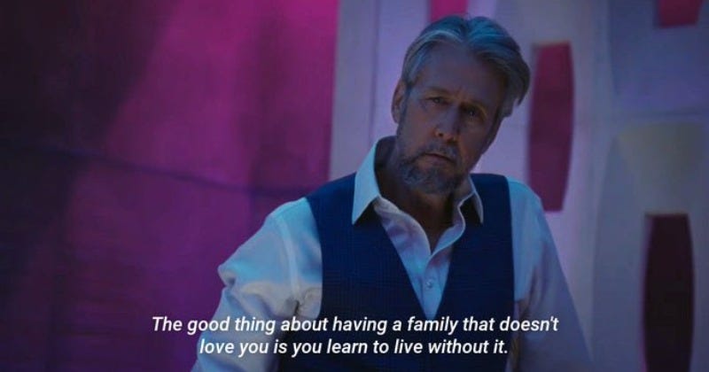 A frame from Succession where Connor Roy is saying, "The good thing about having a family that doesn't love you is you learn to live without it."