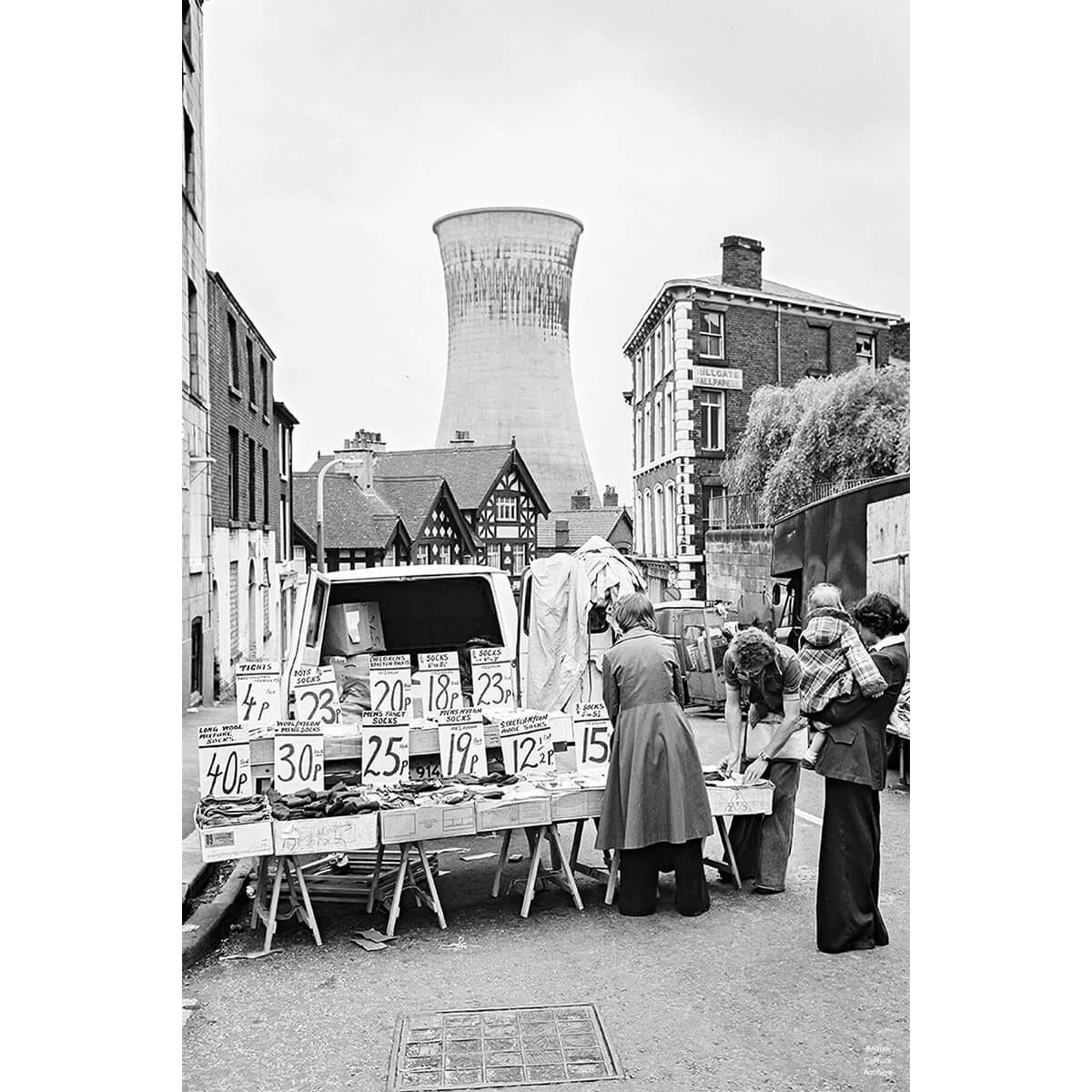 The Kay family socks and tights stall. Stockport Market, 1977.