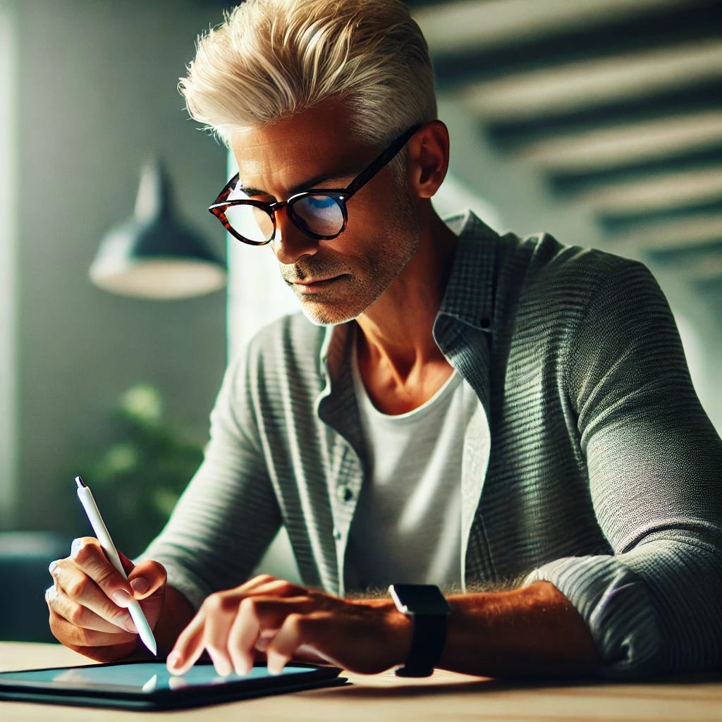 A mid-40s tax professional with platinum blonde hair and tortoise shell glasses, dressed in casual attire, is sitting at a desk taking notes on an iPad. The setting is a modern office environment, with the person focused on their work. The iPad has a stylus, and the professional is jotting down notes with intent. The lighting is natural, creating a calm and productive atmosphere.