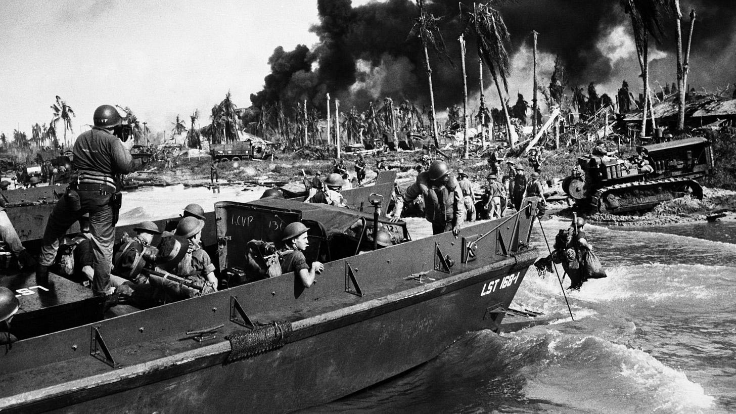 Australian troops conducting an amphibious landing on Balikpapan, southeast Borneo, in April 1945, during the final stages of WWII.
