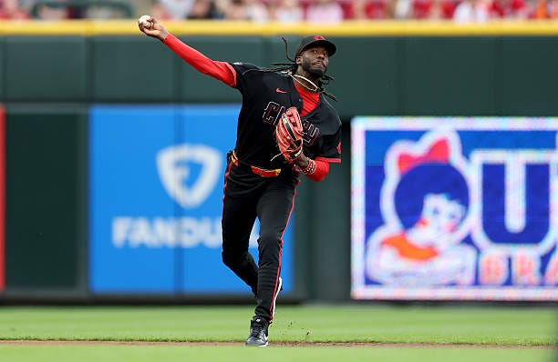 Elly De La Cruz of the Cincinnati Reds throws the ball to first base for an out against the Houston Astros at Great American Ball Park on May 08,... Elly De La Cruz of the Cincinnati Reds throws the ball to first base for an out against the Houston Astros at Great American Ball Park on May 08,...
