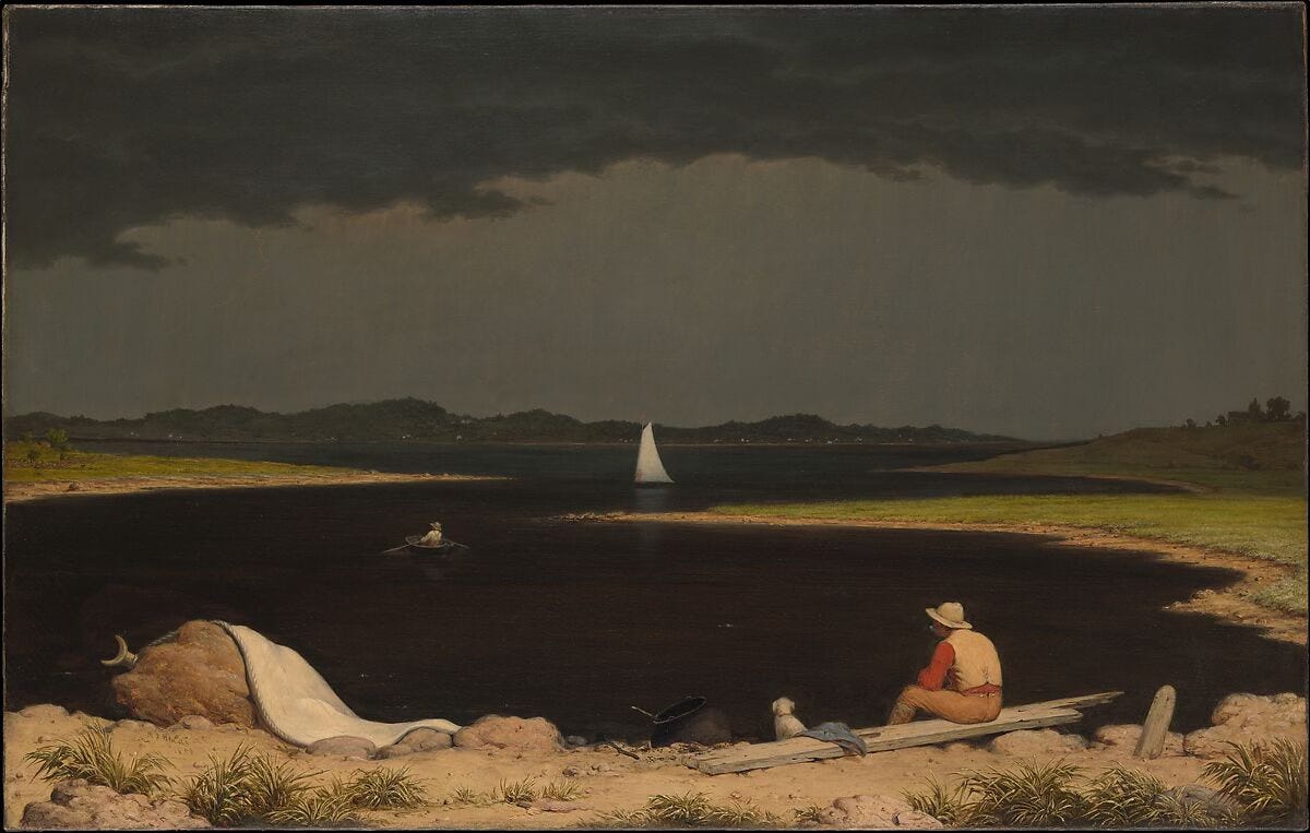 "Approaching Thunderstorm" - an oil painting by Martin Heade Johnson. A dark lake beneath dark skies.