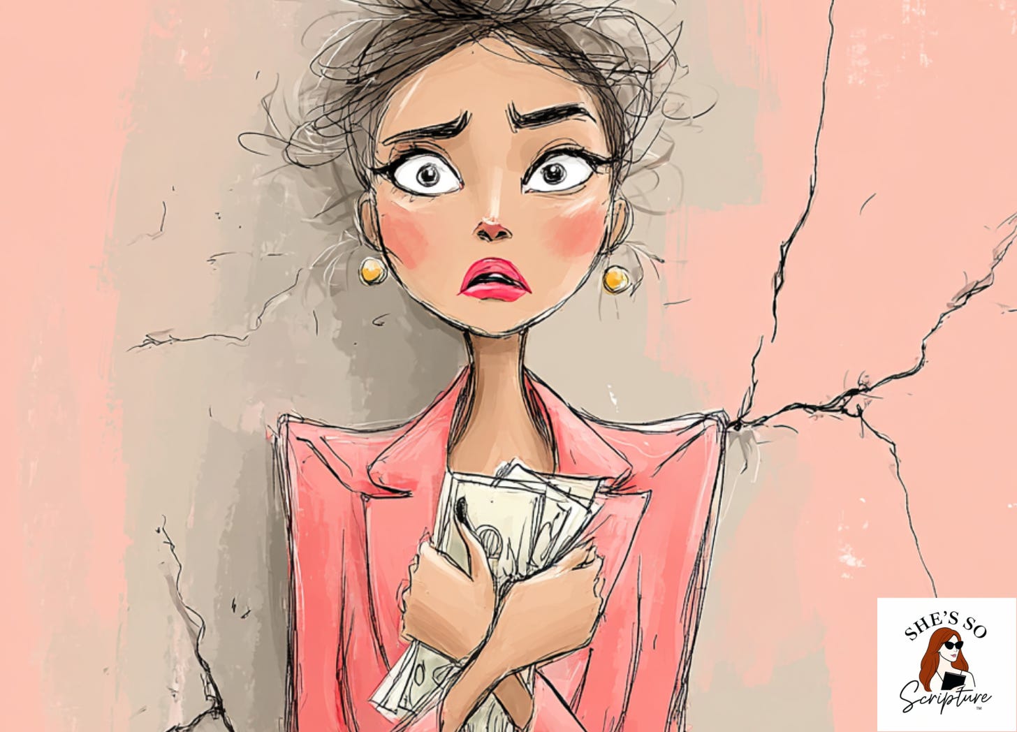 Illustrated image of a woman grasping money and cracks in the wall behind her 