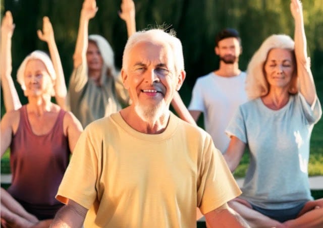 Seniors Yoga Outdoors Older adults practice yoga together, promoting fitness and social interaction in a serene natural setting.