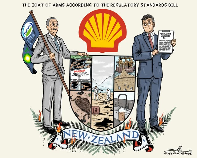 The coat NZ coat of arms according to the regulatory standards bill. A cartoon. One person stands with a fonterra flag on the left of the shield, with David Seymour on the right holding the regulatory standards bill. the shild is a montage of polluted was, oil spills, dead wildlife and over fishing.