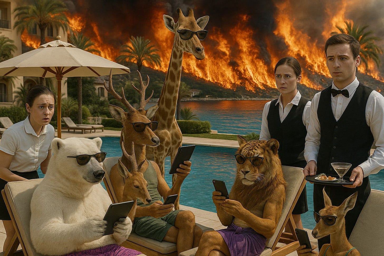 Wild animals by a pool with wildfire behind Wild animals by a pool with wildfire behind