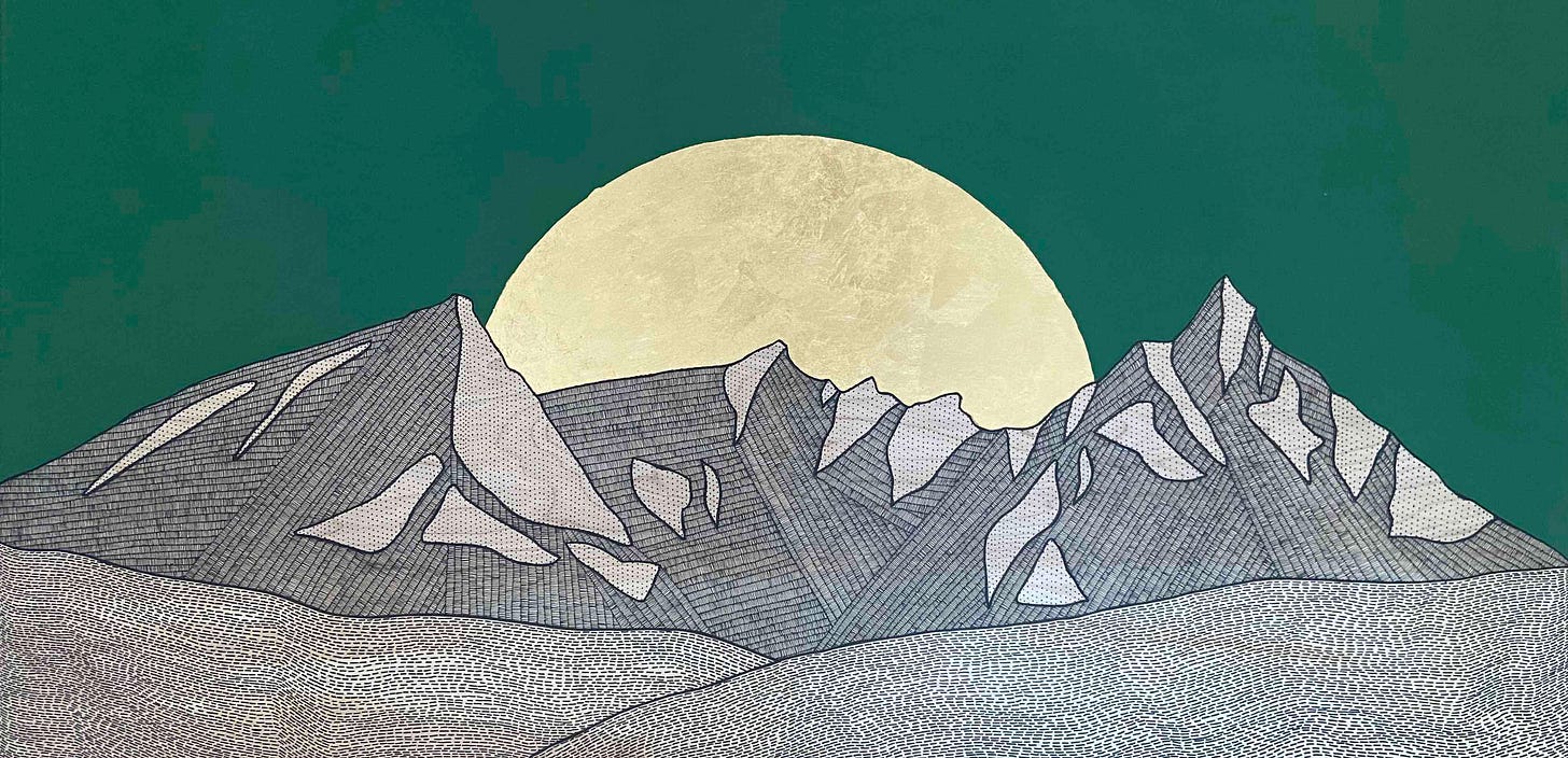 landscape painting of mountains with green sky and large moon on horizon