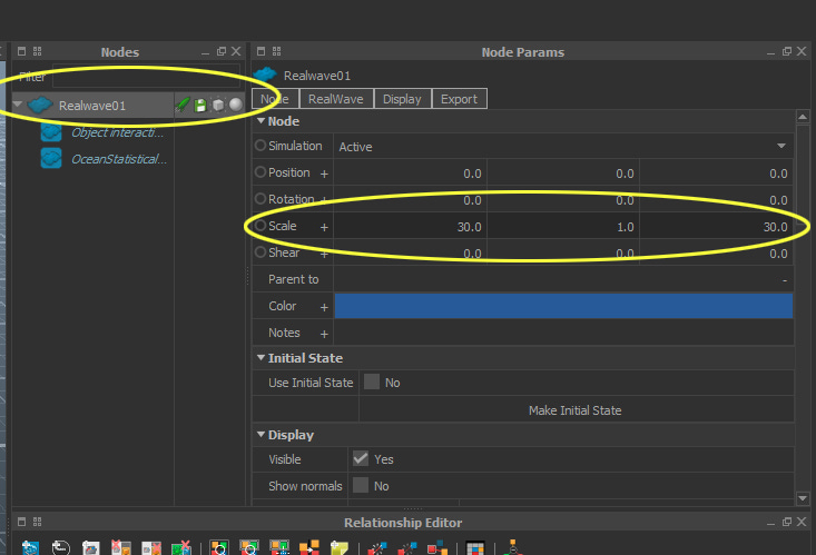 The main settings we see by selecting the Realwave01 node.