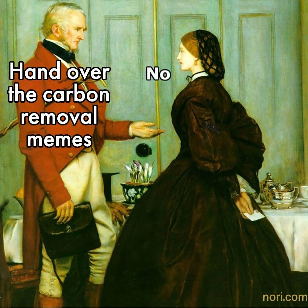 Victorian painting of a man in a red coat holding out his hand, labelled "Hand over the carbon removal memes", and a woman in a black dress, labelled "No".