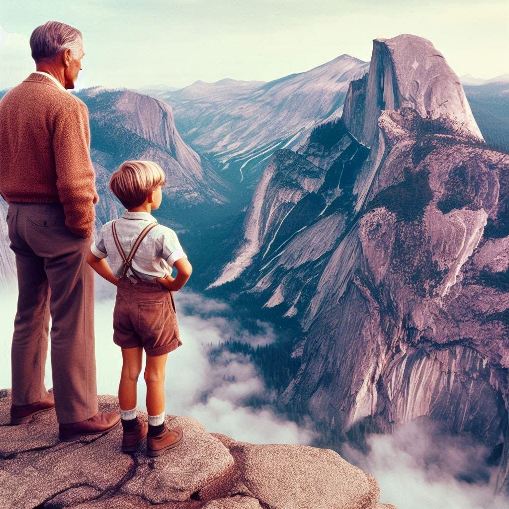 an eight-year-old boy looking over the top of el capitan in yosemite with his 32-year-old father in 1966