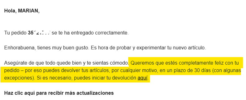 Correo de "paquete entregado" con la explicación del proceso de devolución