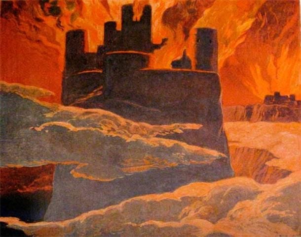 Η οργή της φωτιάς του Surtr από τον καλλιτέχνη Emil Doepler την ερμήνευσε σε μια εικονογράφηση στο βιβλίο Walhall, die Götterwelt der Germanen. Μάρτιν Όλντενμπουργκ. Εκδόθηκε στο Βερολίνο, 1905. (Δημόσιος τομέας)