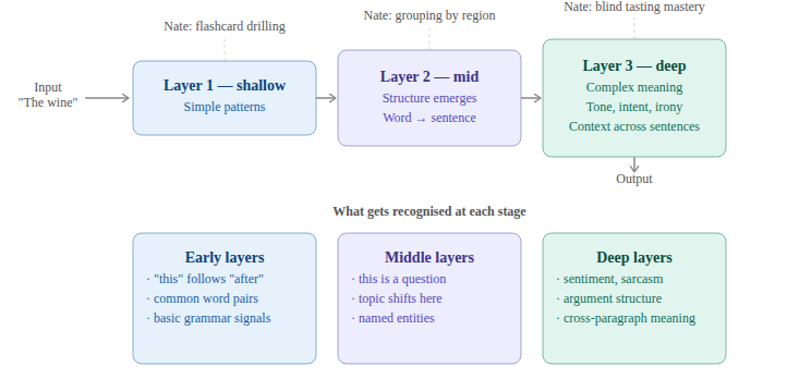 Increasingly complex layers in a neural network build upon the previous layers learnings.