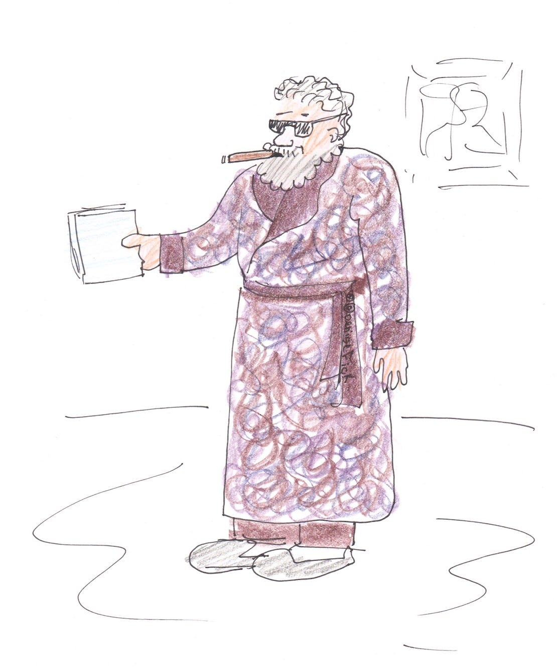 Sketch of the director in a purple dressing gown. He wears sunglasses and smokes a cigar. He holds out a script in his right hand.