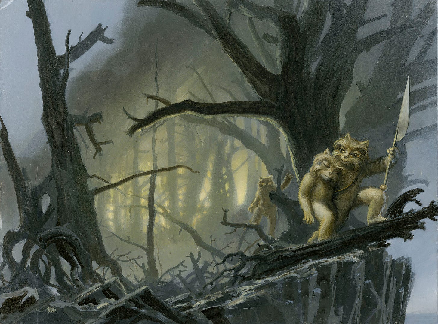 Painted concept for FUZZY FIRE featuring a big eyed furry alien guiding an injured companion. The trunk of a fallen tree extends out over the cliff's edge. The surrounding trees are burnt, bare husks. Through the tangle of trees in the background a blaze can be seen consuming the wood as dark clouds of smoke pour from it.