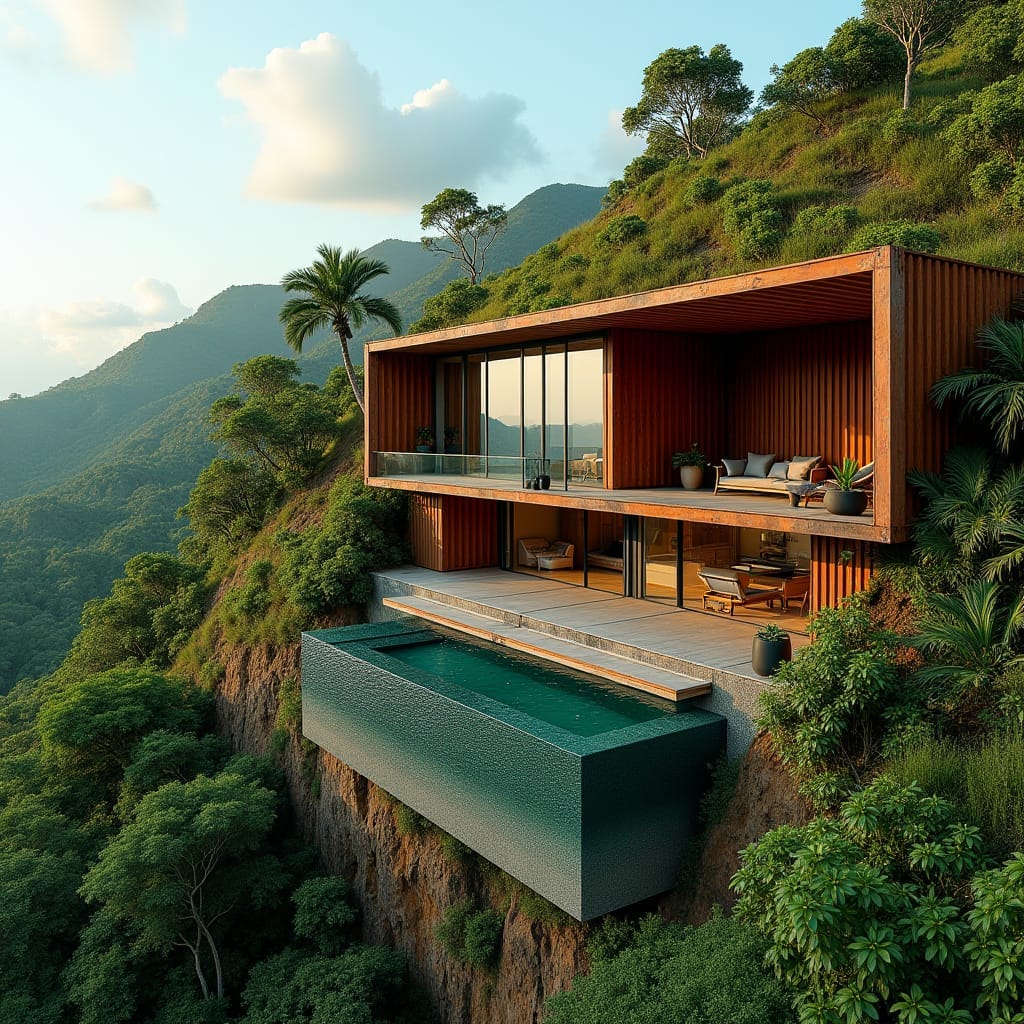 A luxurious 3 bedroom, modern Jamaican container home, nestled into a lush hillside, with expansive, bold openings that protrude from the earthy terrain, seamlessly blending industrial chic with natural beauty. The dwelling's corrugated metal exterior is weathered to a warm, sun-kissed patina, while the interior's sleek, minimalist aesthetic is revealed through the large openings, inviting the outdoors in. A glittering pool, surrounded by lush greenery, cascades down the hillside, creating a breathtaking visual flow.