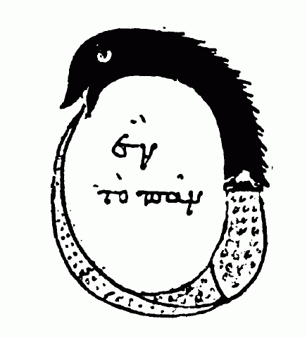A 10th century illustration of a snake or serpent eating its own tale, with the words "the all is one" in Greek in the middle. A 10th century illustration of a snake or serpent eating its own tale, with the words "the all is one" in Greek in the middle.