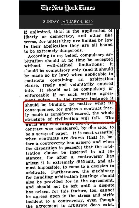 Imagens do artigo publicado no New York Times em 4 de janeiro de 1920, defendendo a arbitragem como instrumento essencial para a resolução de disputas comerciais e a preservação da ordem civilizada. O texto ressalta a importância de considerar contratos livremente firmados como sagrados. As páginas também incluem anúncios da época, como o de um gramofone Columbia Grafonola.