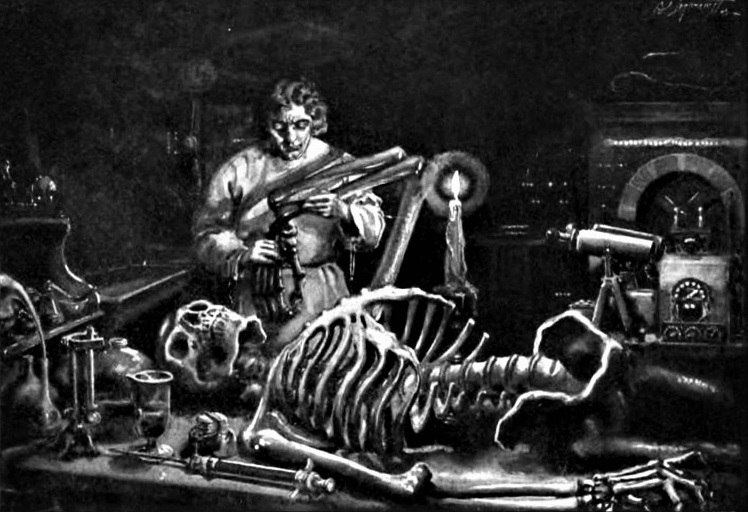 Illustration of Victor Frankenstein in his lab, a large human skeleton rests on a table.