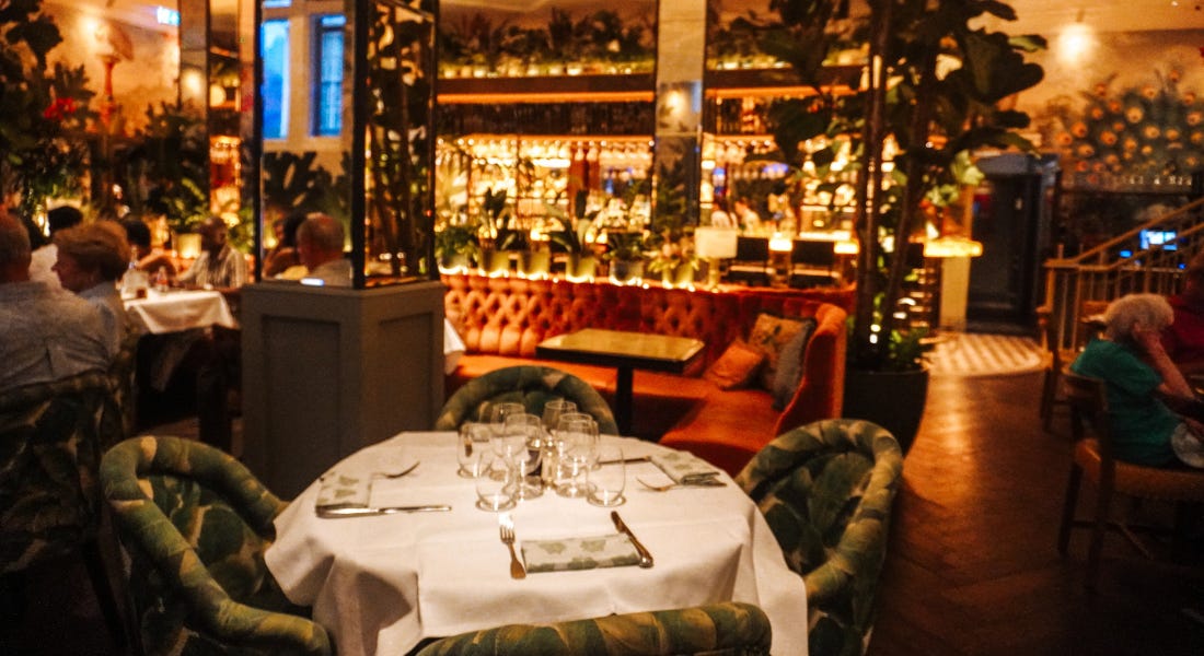 A dining area with dark green seats, brown benches, and plants around it A dining area with dark green seats, brown benches, and plants around it