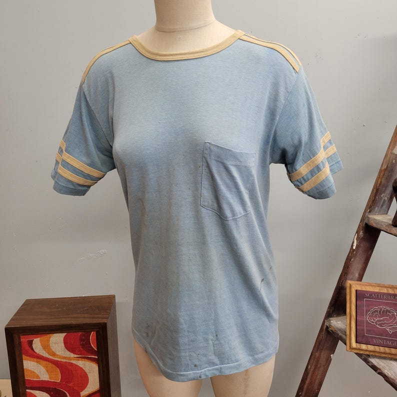 vtg 70s DISTRESSED RINGER TEE vintage medium large messy striped t shirt artsy retro paper thin single stitch rugby jersey baby blue summer image 1 vtg 70s DISTRESSED RINGER TEE vintage medium large messy striped t shirt artsy retro paper thin single stitch rugby jersey baby blue summer image 1