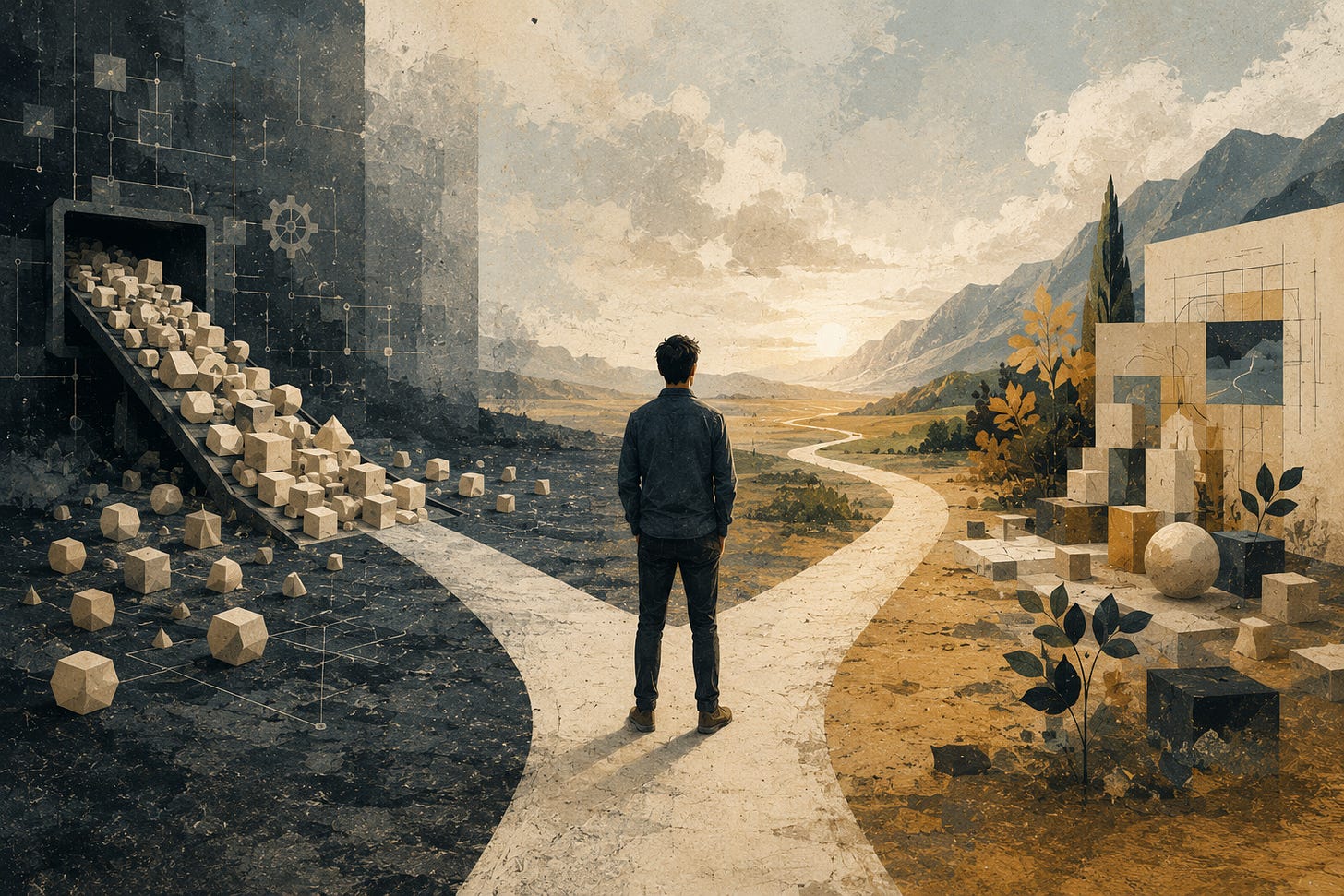 A person stands at a fork in the road, holding items and deciding between a structured path and a lush, natural landscape.