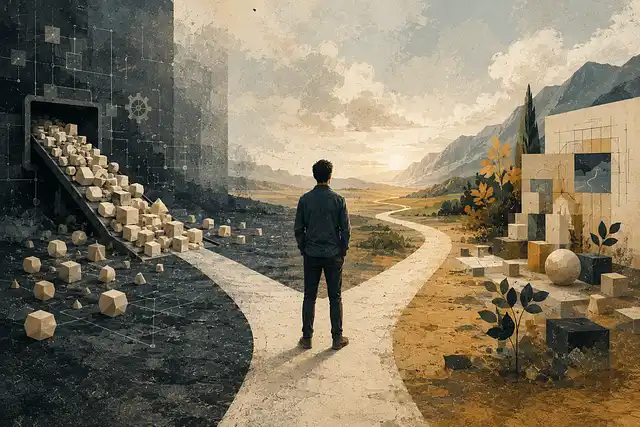 A person stands at a fork in the road, holding items and deciding between a structured path and a lush, natural landscape.