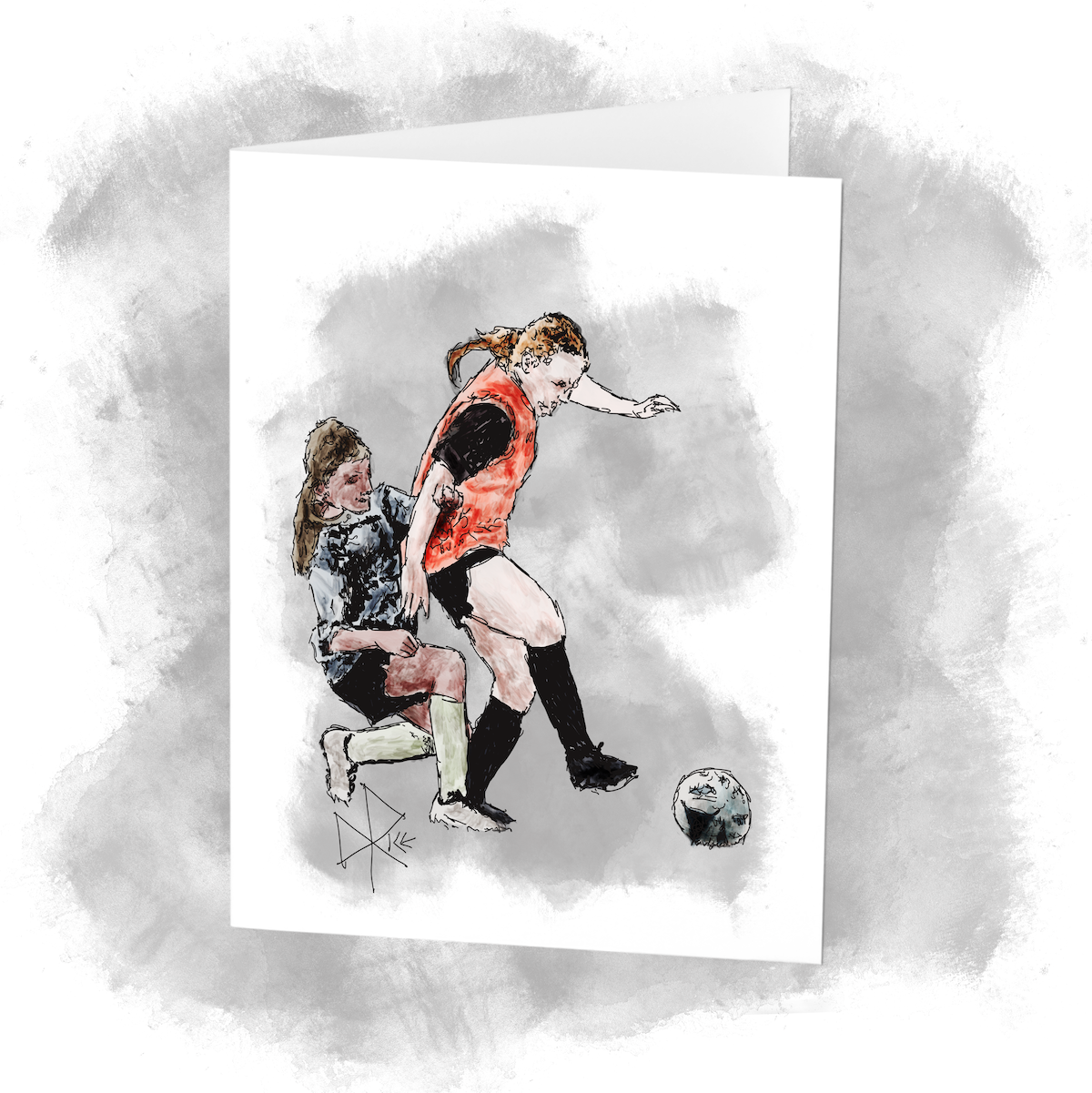 Two girls on opposing teams work hard to gain control of the ball during a youth soccer tournament. Sketch art by Don Rice. Two girls on opposing teams work hard to gain control of the ball during a youth soccer tournament. Sketch art by Don Rice.