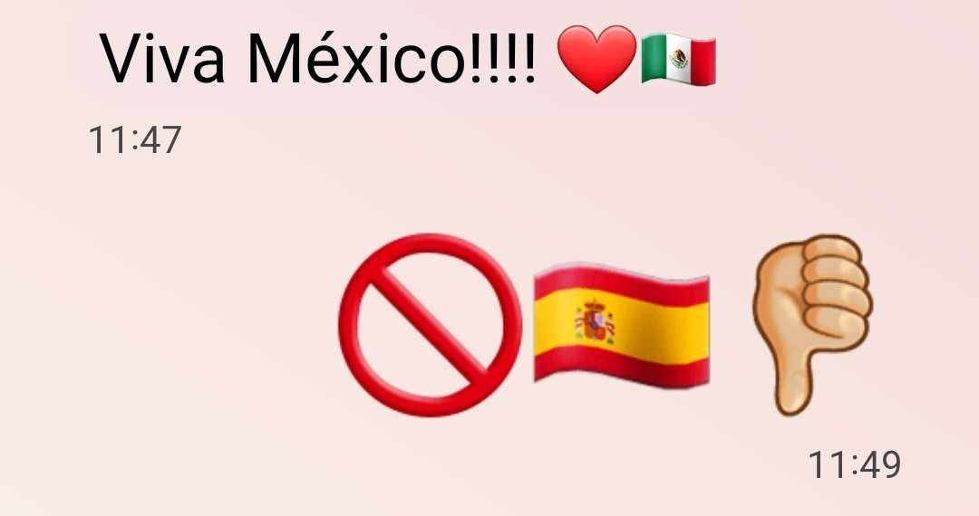 text convo between me and my mom. my mom said Viva México!! and I responded with three emojis: the ex/circle symbol, the spanish flag, and a thumbs-down