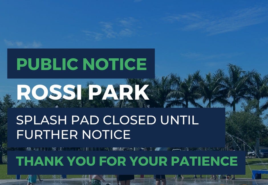 Community Alert: Rossi Park Splash Pad Closed, Riverwalk Under Assessment; Lewis Park Reopens After Repairs