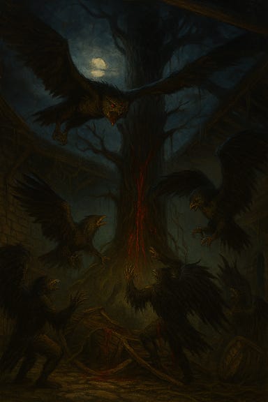 A dramatic dark fantasy battle scene showing the confrontation between the Greater Strix and the Keepers of the Feather. The setting is the storm-lashed loading dock of the Wizard of Wines Winery. The sky above is torn with lightning, illuminating two massive winged Greater Strix—predatory, sentient creatures with bone-like talons and shadowy feathers—screeching as they dive. Below, several wereravens in mid-transformation fight back, their wings half-formed, cloaks billowing, talons gleaming. One wereraven slashes upward with a curved dagger, another launches from a broken barrel. Feathers and ash spiral through the air. The corrupted tree looms in the background, its branches vanishing into the storm. Mist curls around the combatants, and the air crackles with magic and fury.