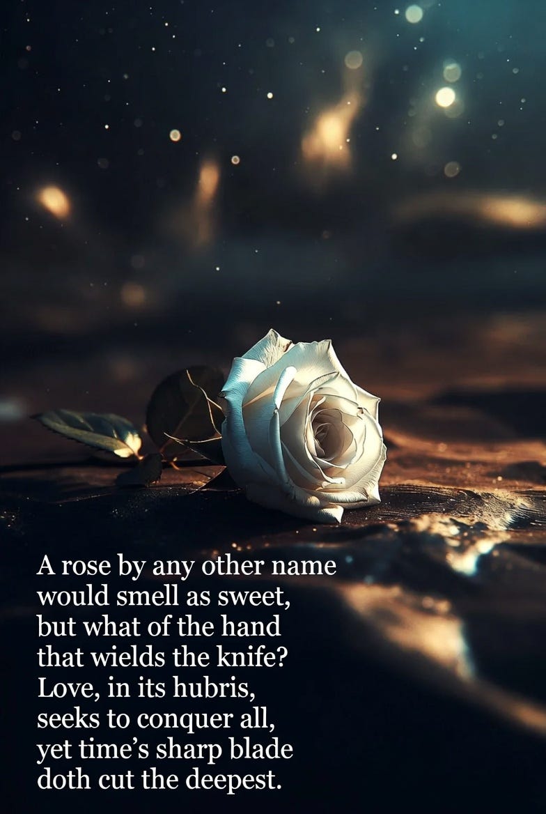 A photograph of a white rose on a dark surface with cosmic background, featuring philosophical text and a somber mood.