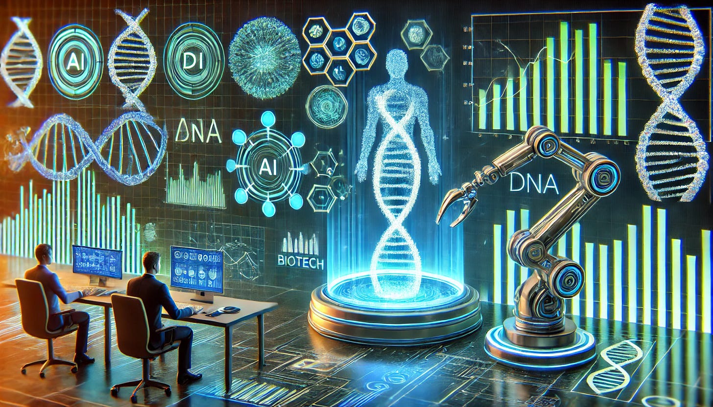A futuristic and high-tech image illustrating the intersection of AI and biotechnology. The scene features a cutting-edge biotech lab where an AI-powered robotic arm analyzes DNA samples on a holographic display. A venture capitalist observes investment trends on a digital interface, highlighting growth in AI-driven biotech innovations. The background includes glowing genome sequences, stock market graphs, and medical breakthroughs. The color scheme combines electric blue, neon green, and metallic silver, symbolizing technology, innovation, and financial opportunity.