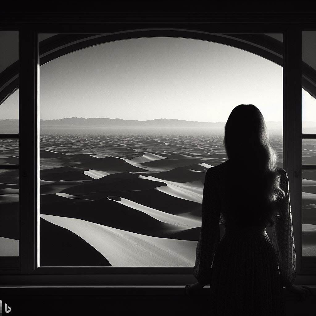 Uma mulher olhando por uma janela pela qual se vê um imenso deserto que se estende até o horizonte.
