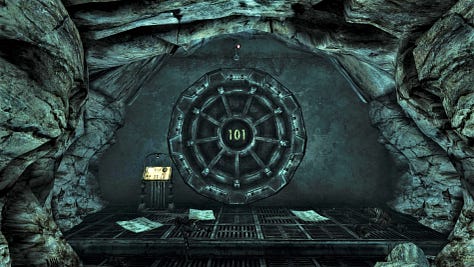 Imagens dos jogos da franquia Fallout demonstrando como são as entradas das vaults iniciais do jogo. Também há uma foto de uma mulher usando um macacão da vault 11, com um 11 bem grande em amarelo escrito sobre o macacão azul.