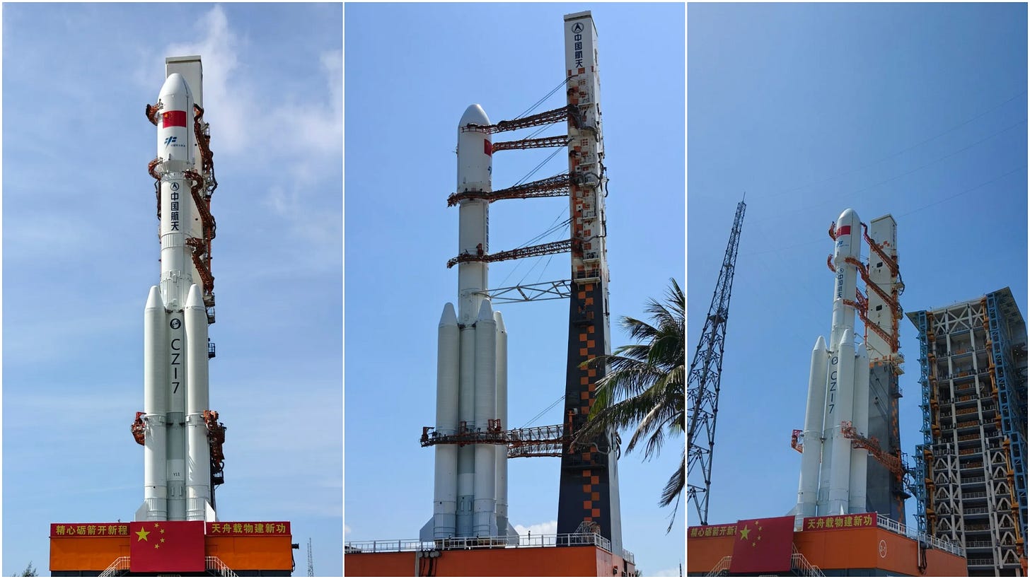The Long March 7 Y11 vehicle during transportation atop of its launch platform to Launch Complex 201 at the Wenchang Space Launch Site on May 8th 2026.