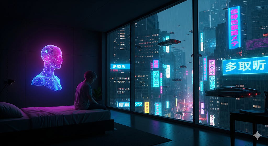 A wide-angle view of a person in a futuristic apartment finding comfort in a holographic AI companion while a vast, lonely cityscape looms outside.