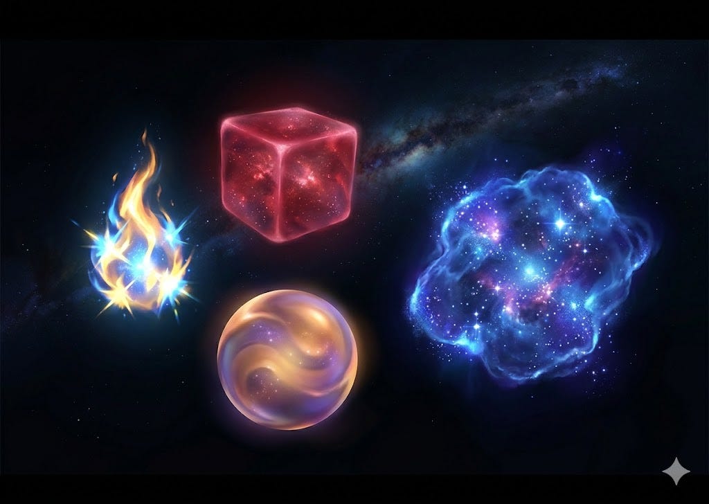 Red Cube Aurillion, Flaming Zephyros, and spherical Blara confront Tullius.